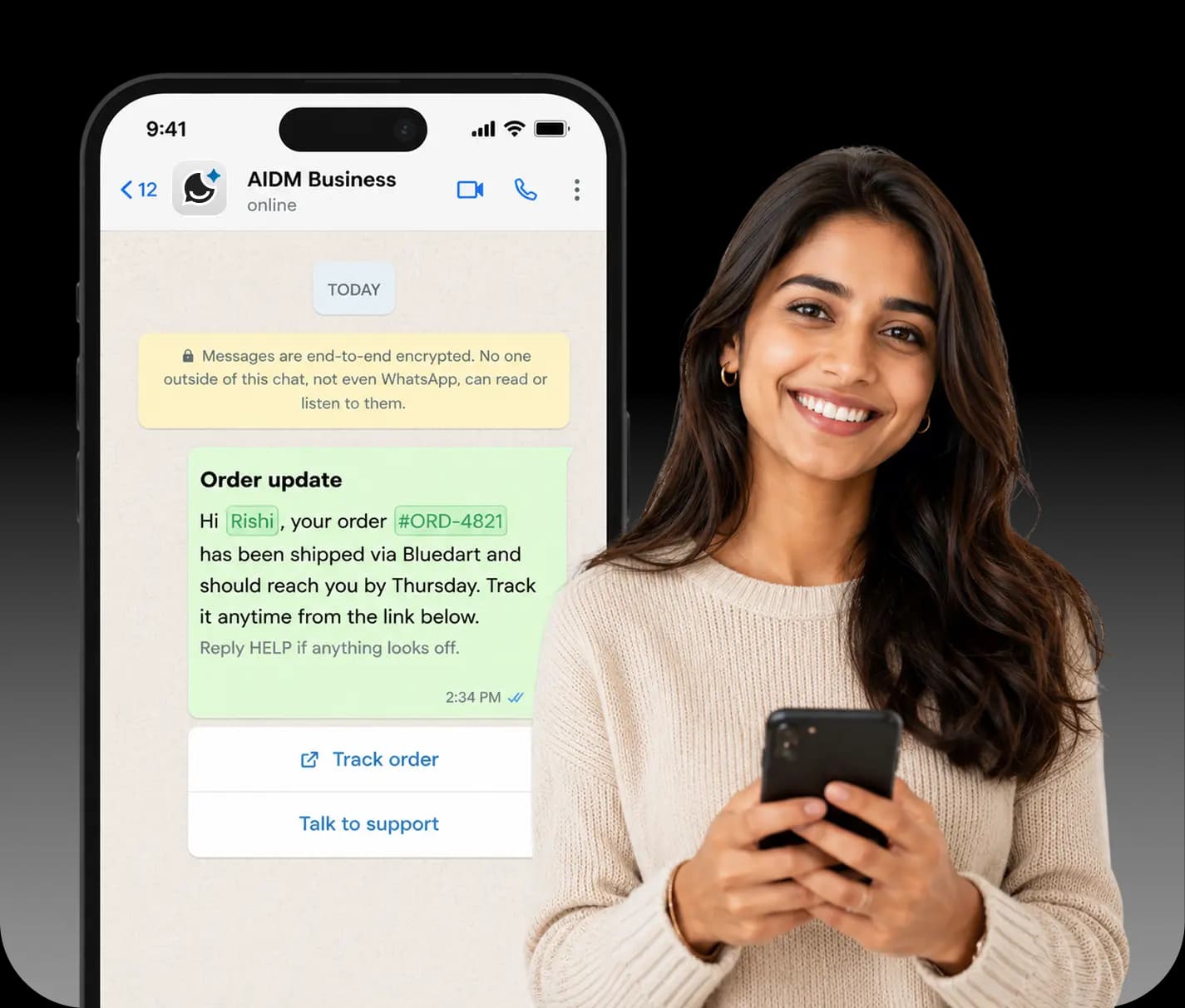 WhatsApp broadcast message preview on a phone