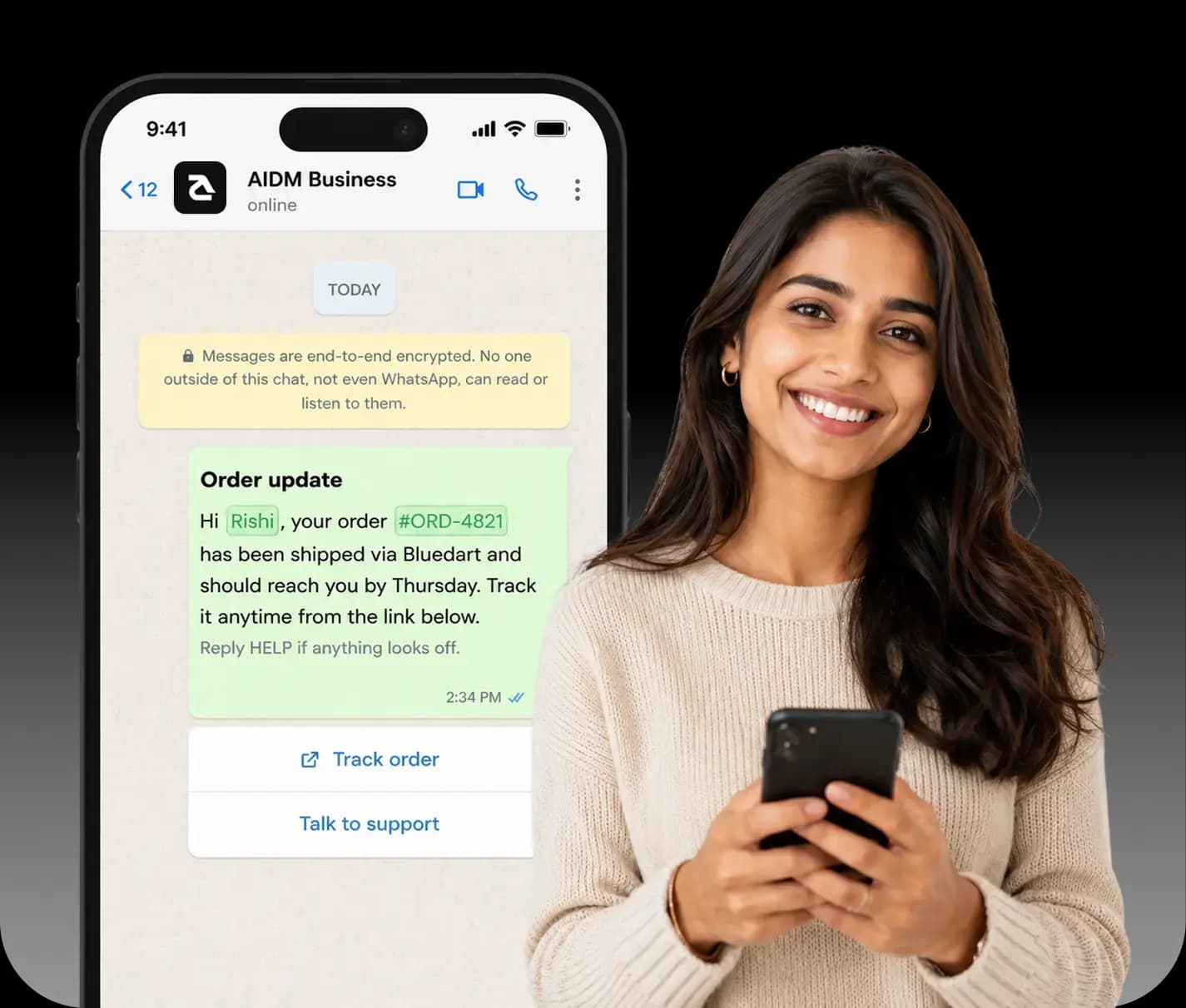 WhatsApp broadcast message preview on a phone