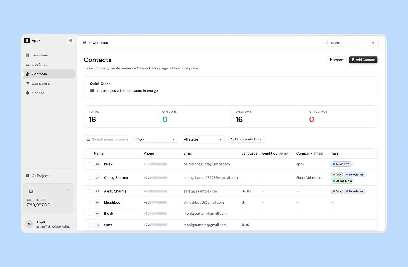 Importing contacts and broadcasting on the AIDM platform