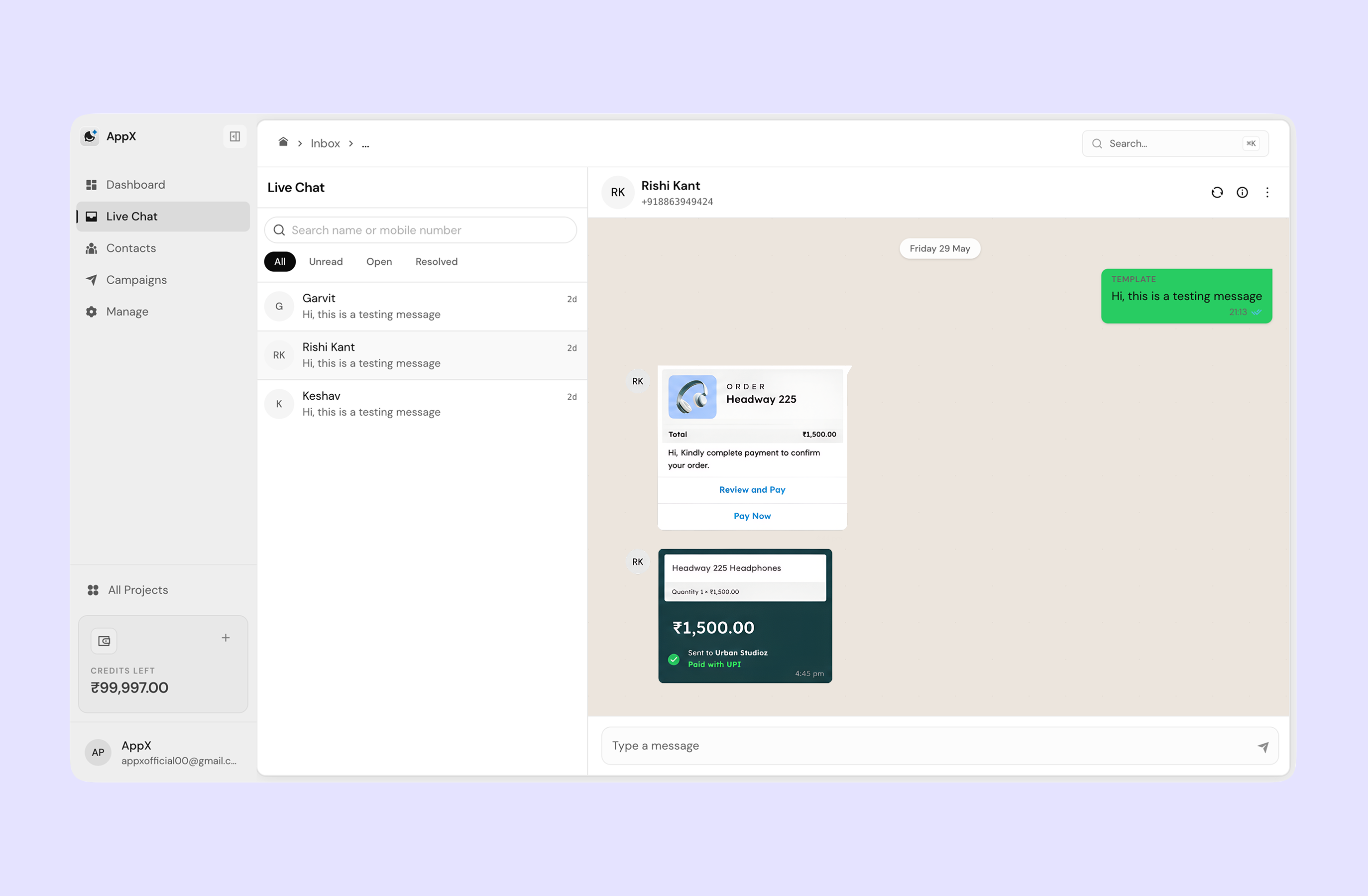 Extensive user profile and CRM inside the AIDM live chat inbox